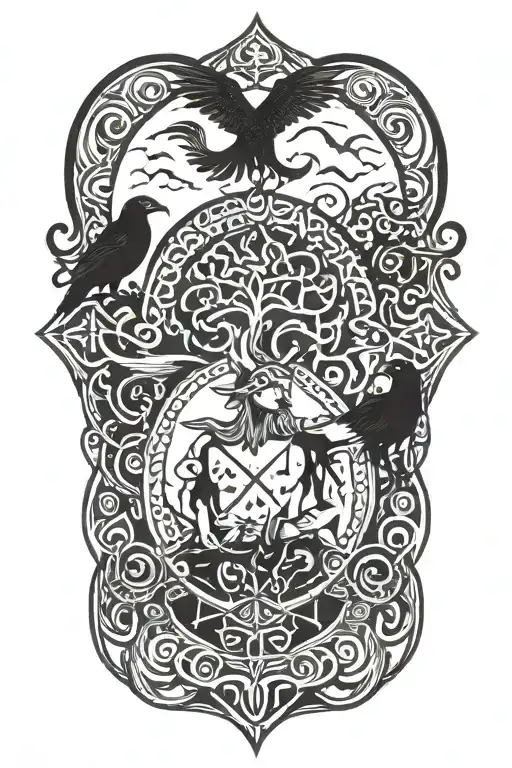 Viking Infront Of Yggdrasil Woth Nordic Symbols And Two Crows