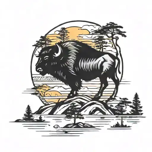 Buffalo Grazing Around Pine Trees Colors Sunset Over Lake