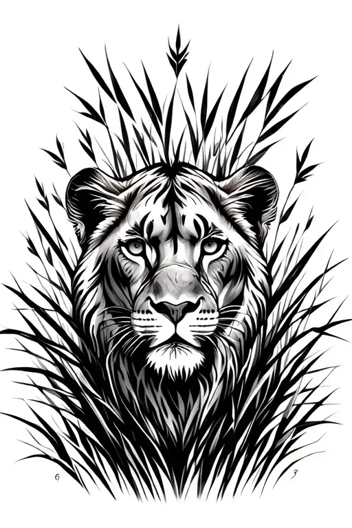 Lioness In Hunting Position Peeking Through Blades Of Grass