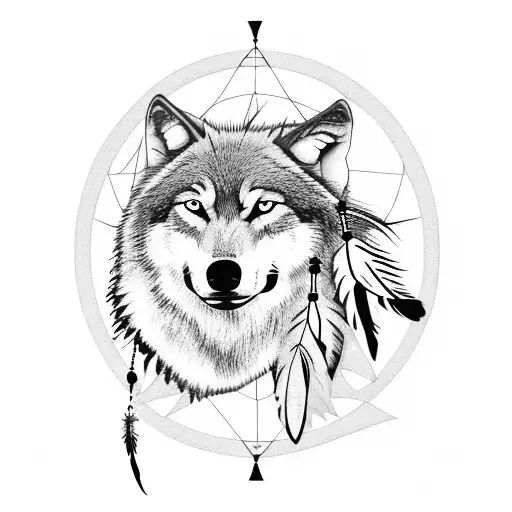Wolf With Feather And Dream Catcher