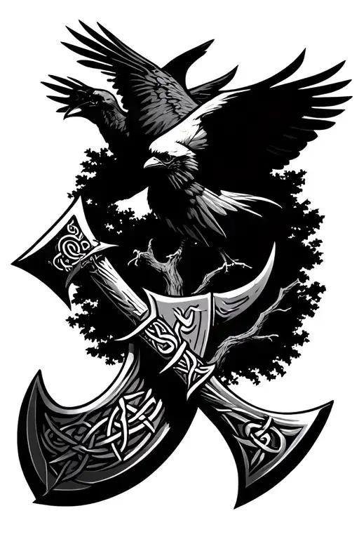 Create A Tattoo Of A Viking Axe Carried By A Crow Flying And A Tree Build Of Norse Symbols And Knots