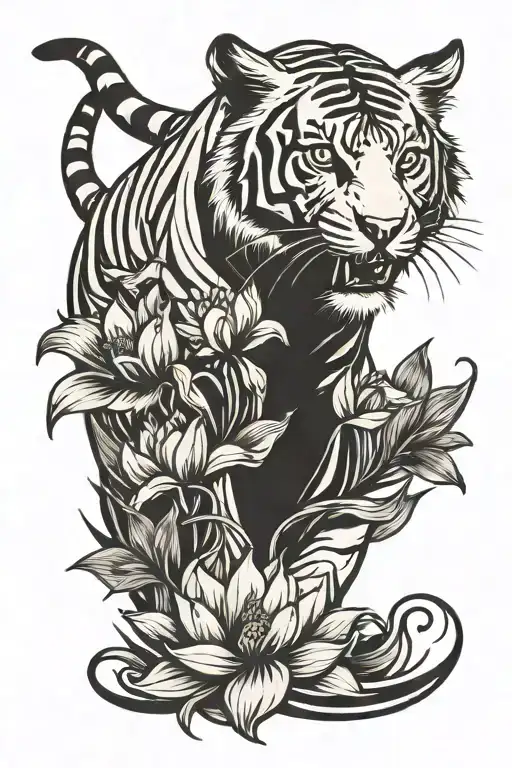 Tiger Walking With Lotus Flower