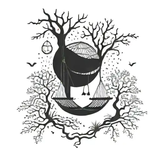 Three Hammocks Strung Up Between Two Trees In The Middle Of The Forest On A Moonlit Night