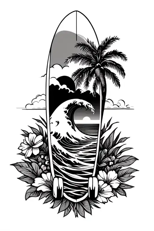 Longboard Surfboard With Wave And Sunset Scene Inside And Palm Tree And Flowers Around The Board