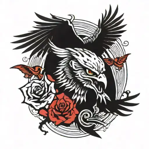 Blood Eagle Flies With Spread Wings With Roses And Samurai Mask