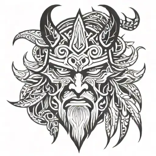 Odin And Oni Mask Holding