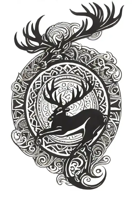 Polynesian Band Thigh Tattoo Featuring Aquarius Sign And Deer Antlers In The Center