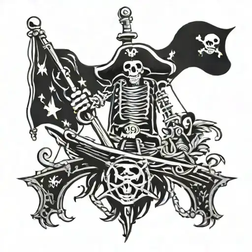 A Pirate Skeleton Climbs Up The Mast And Reaches Out To The Flag At The Top Of The Mast
