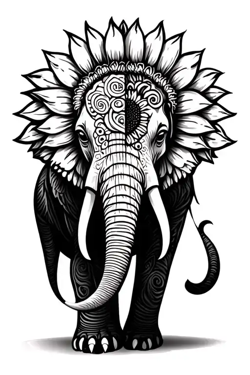 Half Elephant With Half Sunflower Surrounded