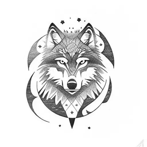 Wolf In A Dark Forest And With Moon And Shadows