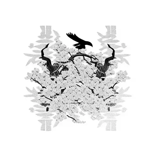 Samurai Against The Backdrop Of Sakura And With A Raven Sitting On A Katana