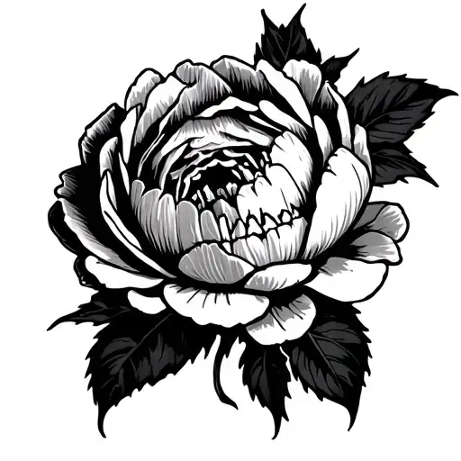 A Peony Tattoo That Has Teeth And Has A Dark And Spooky Style