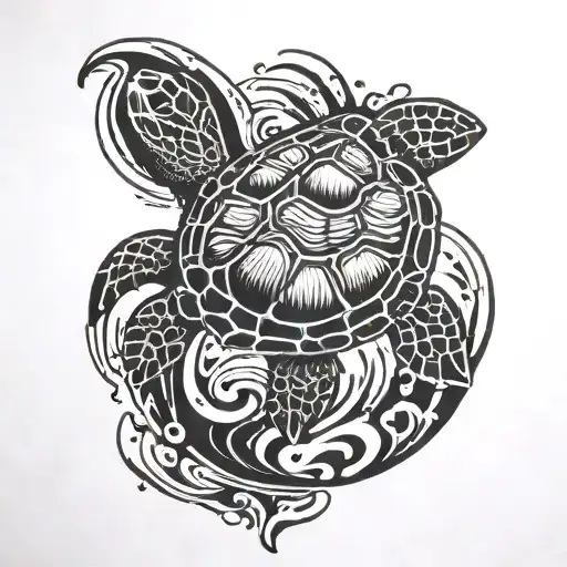 An Intricate Black And Grey Line Work Tattoo Of A Sea Turtle Gliding Through Water