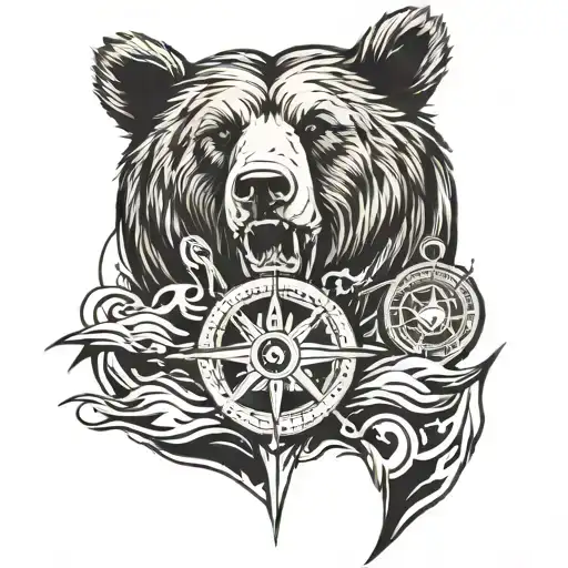 Bear Roaring In The Sea With A Compass And Anchor By The Side Of The Bear