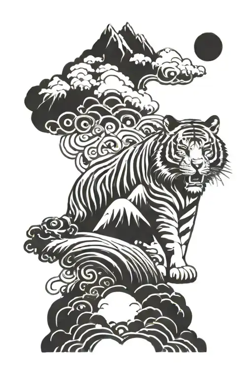 Tribal Style Tattoo With Tiger Mountains Clouds Lotus Earth Inspired By Tibetan Thangka Art