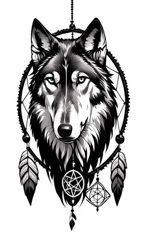 Wolf And Dreamcatcher With Pentagram Surrounded