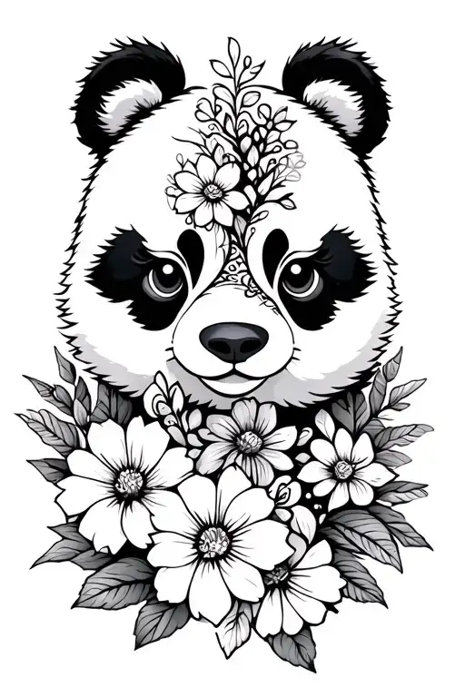 Cute Panda With Half Face As Flowers Intertwined