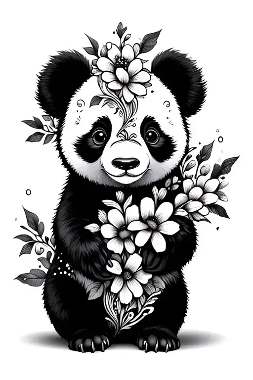 Cute Panda With Half Face As Flowers Intertwined