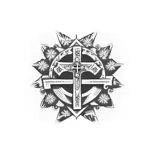 Cross Of The Templars Whit Dog's Skull And Pink Flower Of May