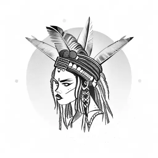 Tribal Band Behind A Female Warrior Face With Dreads And Palm Trees