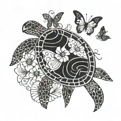 Turtle With Flowers On Shell With Butterflies