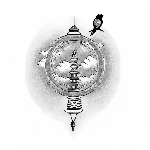 An Hour Glass With The Sky And A Bird At The Top And The Sea With A Fish Un The Bottom