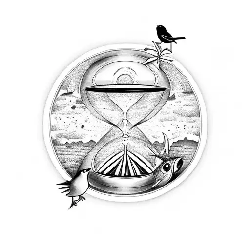 An Hourglass With A Bird At The Top And A Fish At The Bottom