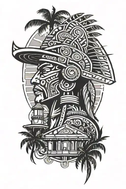 Aztec Warrior With Construction Hat Palm Trees & A Lighthouse