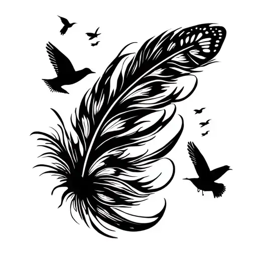 Feather With Birds Flying Away To A Butterfly