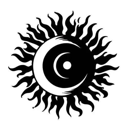 Sun With A Moon Inside With Flames Indicating The Cardinal Points