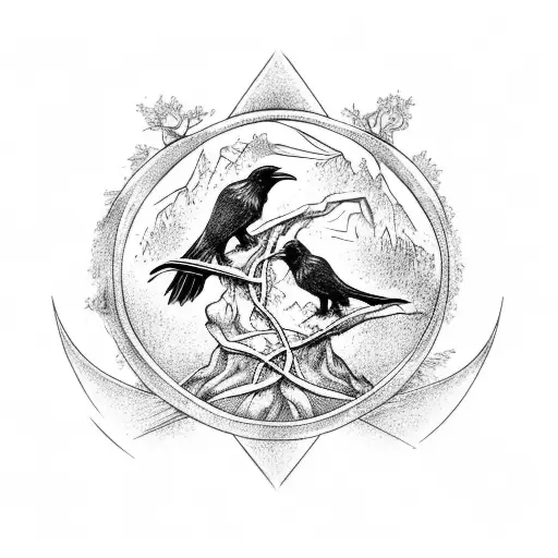 Ravens Huginn And Muninn Perched On Yggdrasil