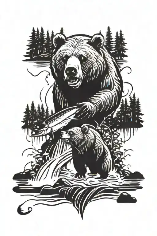 Nature Scene With A Bear Catching A Fish By A River While Beavers Build A Dam