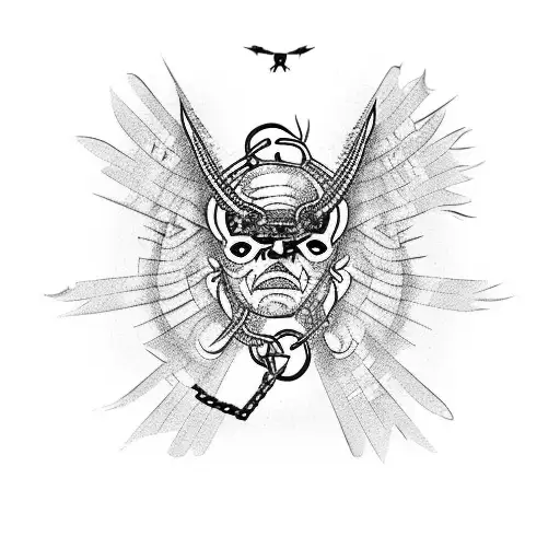 Door With Demon Eyes Surrounded By Chains And Birds Flying Chains