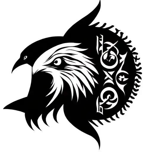 Huginn And Muninn With Norse Runes Right Side Of Bald Head