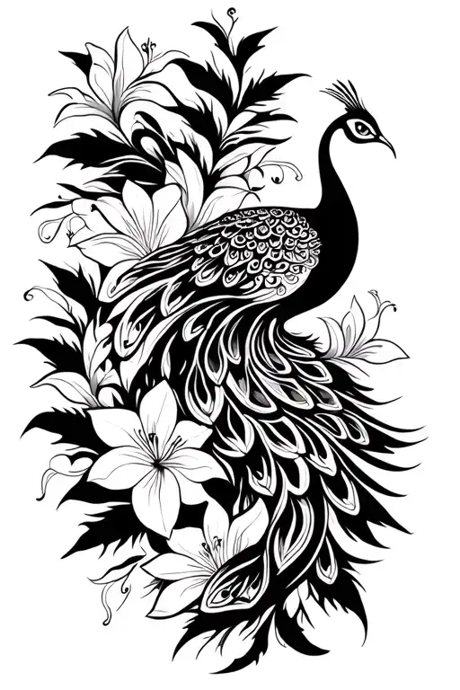 Peacock And Lilies Intertwined