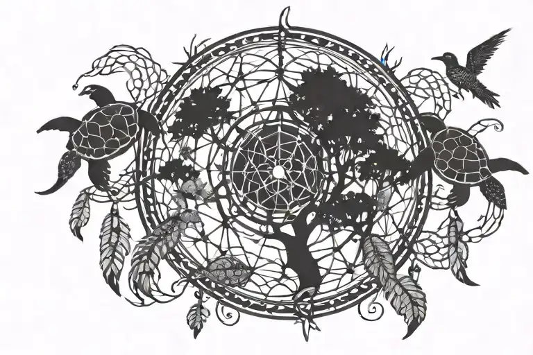 Turtle Dreamcatcher With Tree Of Life Inside Surrounding And 3 Baby Turtles Around The Dream Catcher