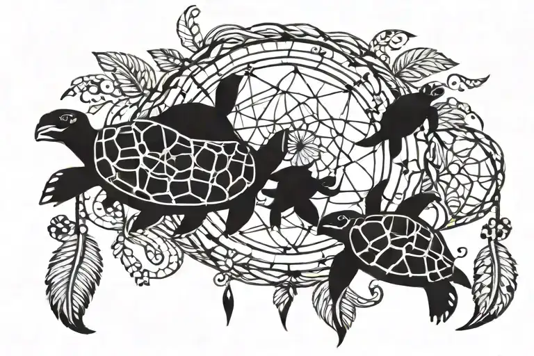 Turtle Dreamcatcher With Tree Of Life Inside And 3 Baby Turtles Around The Dream Catcher