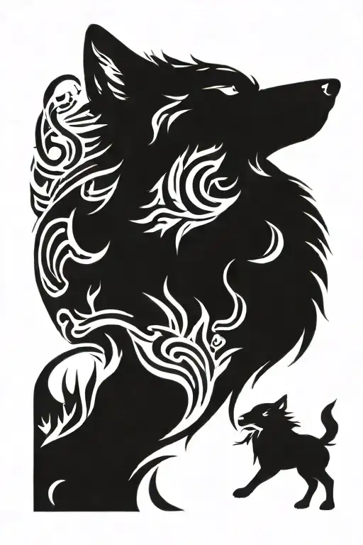 Wolf With Fire Behind The Wolf Howling