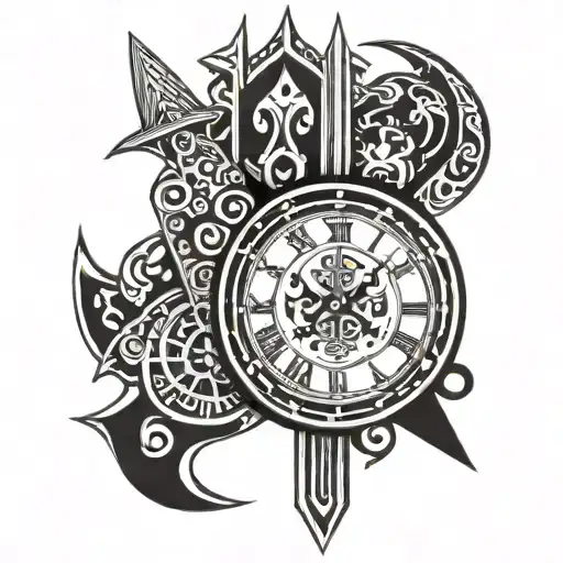 Sword Clock Cards Tattoo Design Combining Elements