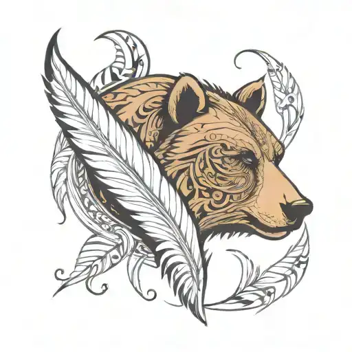 A Bear Head In A Cradle Of 5 Swan Feathers In A Tribal Motif And Abstract