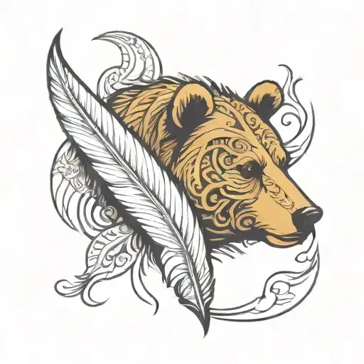 A Bear Head In A Cradle Of 5 Swan Feathers In A Tribal Motif And Abstract