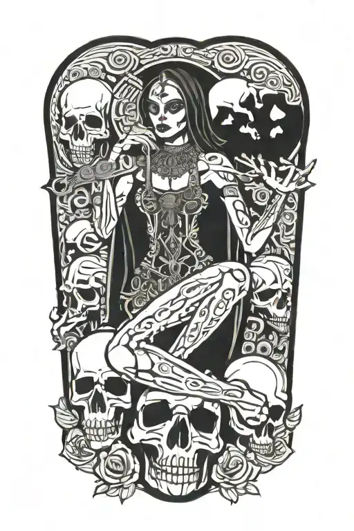 Santa Muerte Sitting On Her Throne Of Skulls