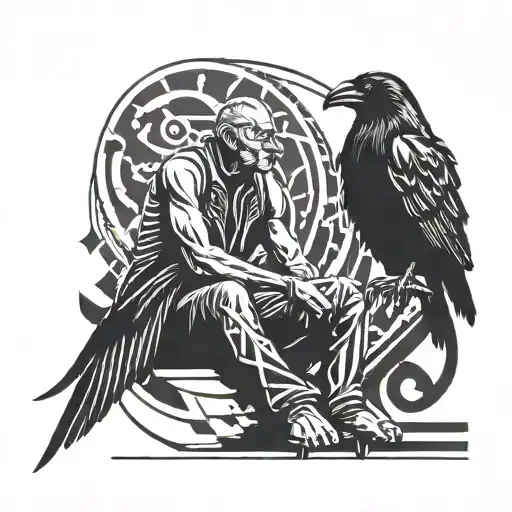 Lonely Man And A Raven Sitting