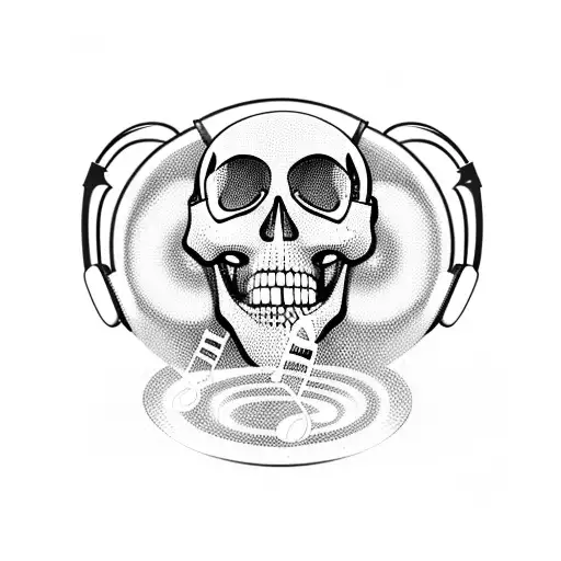 A Skull Wearing Headphones With Music Notes Floating Around It