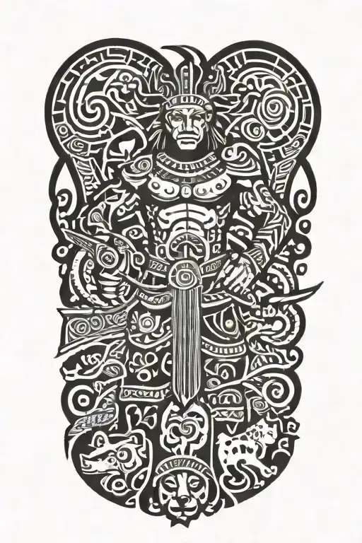 A Polynesian Warrior Adorned With Traditional Tattoos Surround With Animals