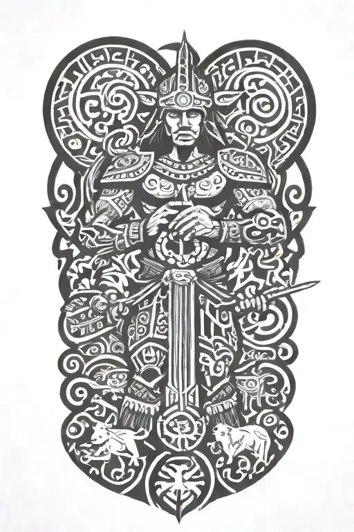 A Polynesian Warrior Adorned With Traditional Tattoos Surround With Animals