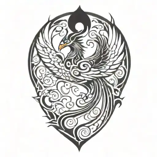 Phoenix With Heart In Middle With Long Wings