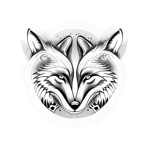 Fox And Wolf Hugging Each Other Like Yin And Yang