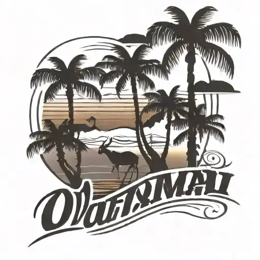 Two Palm Trees And Beach With The Words Oman And A Oryx Walking Across The Sunset