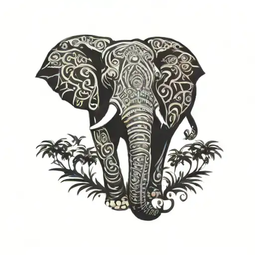 Elephant With It's Trunk Up And Trees Inside The Body